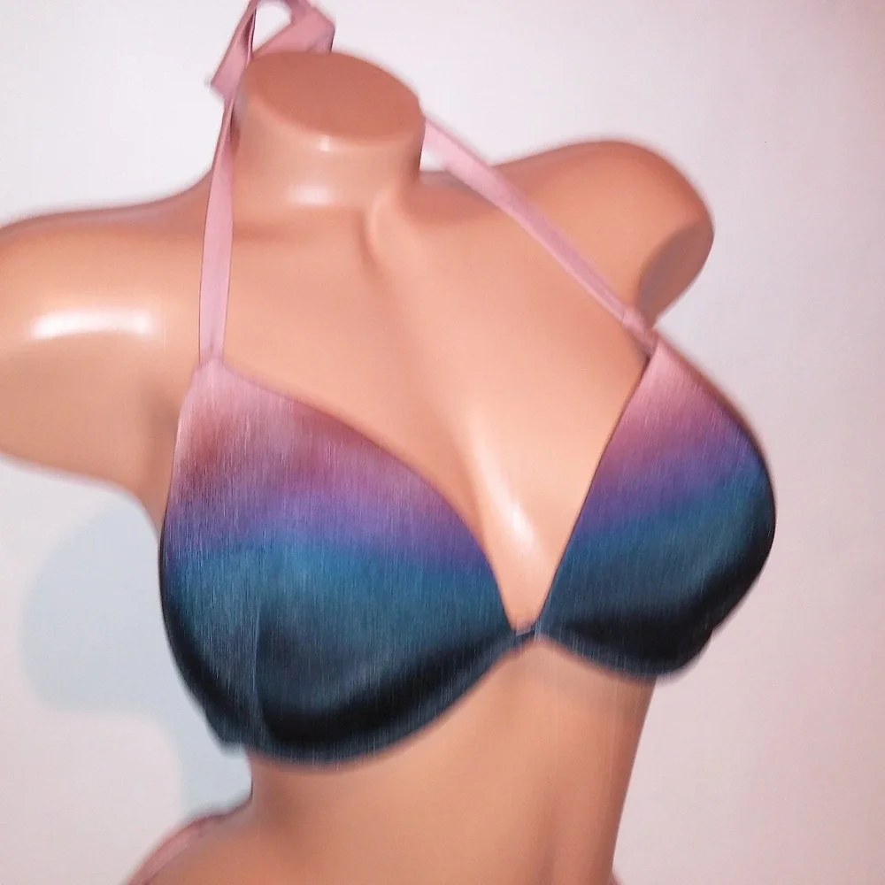 Victoria Secret Swim Bikini 38C Top XL Bottom Ombre Black Mauve Push Up String